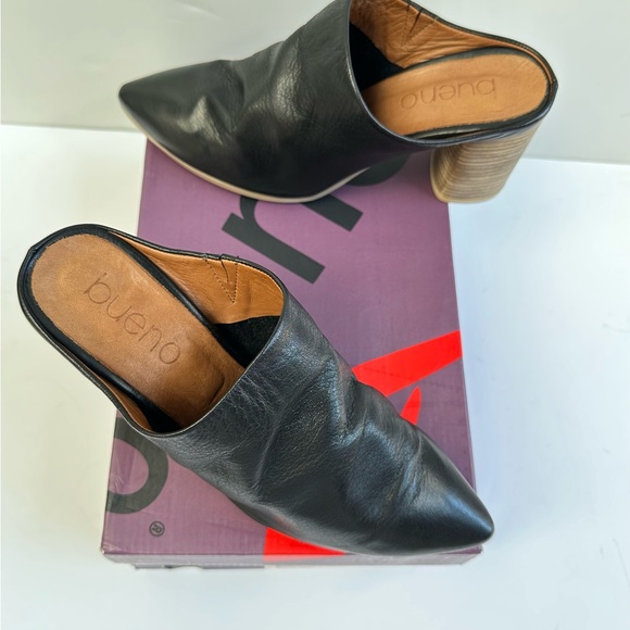 LIGHTY USED WOMENS BUENO JEALOUS MULE SHOES SZ. 8 BLACK LEATHER 3” HEEL - Picture 2 of 11